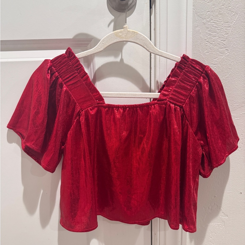 QUEEN OF SPARKLES Shimmering Red Flutter Blouse Sample XS NWOT Holiday Sparkle